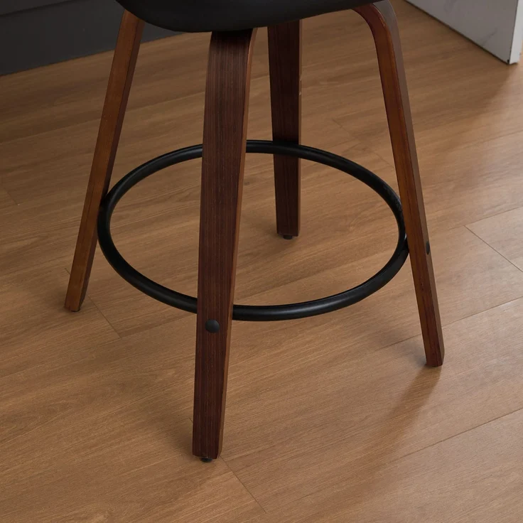 Flieks Barhocker 3er Set, drehbar, Rattan-Geflecht Rückenlehne, Walnuss Holzgestell, Sitz PU Leder Schwarz, mit Fußstütze – Bild 9