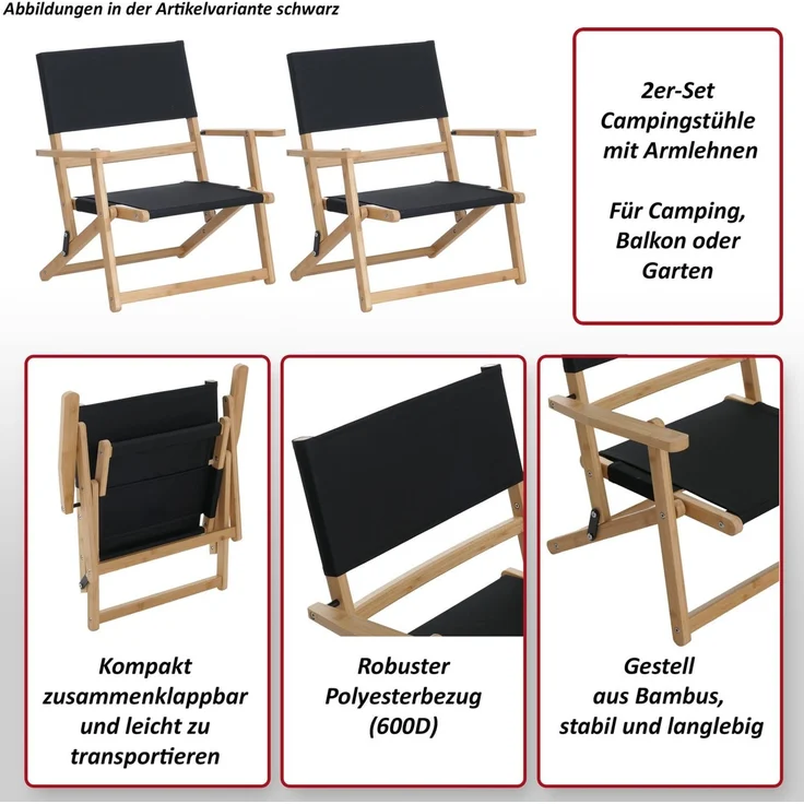2er-Set Bambus Campingstuhl HWC-Q42, Gartenstuhl Balkonstuhl Freizeitstuhl klappbar Outdoor Stoff/Textil ~ schwarz – Bild 2