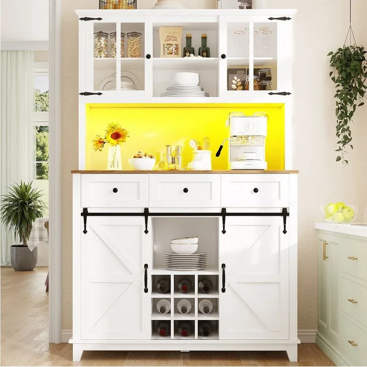 STILVORA Hochschrank Küchenschrank mit Verstellbaren Ablagen,Buffetschrank mit LED,Weiß (Hochwertiger Küchenschrank mit LED-Beleuchtung, verstellbaren Ablagen, Schiebetüren im Farmhouse-Stil, 105x38.4x180 cm – für Wohnzimmer, Küche und Esszimmer, 105*3...