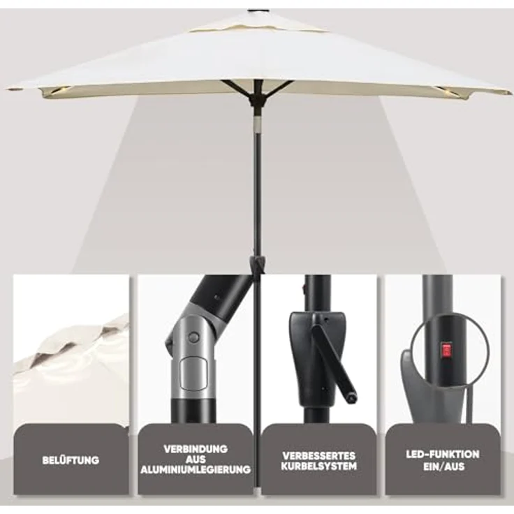 Sekey Sonnenschirm mit LED-Beleuchtung, Kurbel & UV50+, knickbar, Aluminium creme, 200 × 300 cm – Bild 6