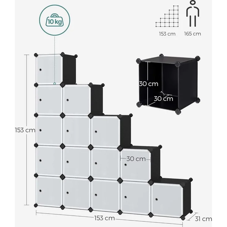 Songmics Regalsystem, Schuhregal, Set aus 16 Würfeln, Kleiderschrank aus Kunststoff, mit Türen, Steckregal, Aufbewahrung von Kleidung, Schuhen und Büchern, einfache Montage, schwarz LPC44HS – Bild 3