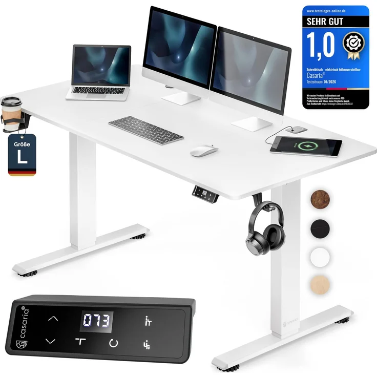 Casaria® Höhenverstellbarer Schreibtisch elektrisch 140x70 cm mit Wireless Charger & USB-C/A Anschluss LCD-Display Memory-Funktion 80 kg belastbar ergonomisch Weiß