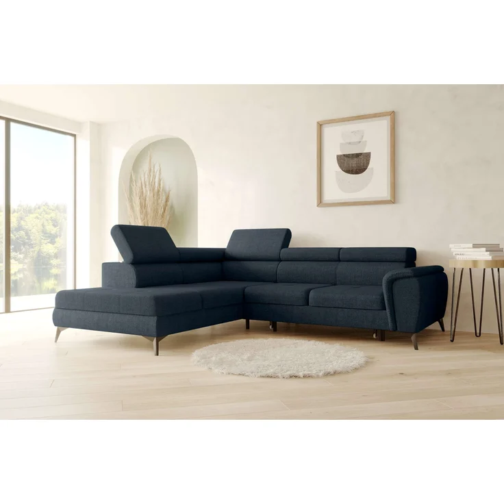 99rooms Parma Ecksofa Velours VOGUE Dunkelblau Links mit Schlaffunktion und Stauraum