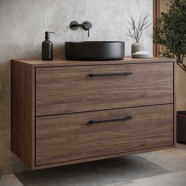Badplaats Waschtischunterschrank Florence 80 x 46 cm – Walnuss – Hängender Unterschrank mit 2 Schubladen und schwarzen Griffen – Bild 2