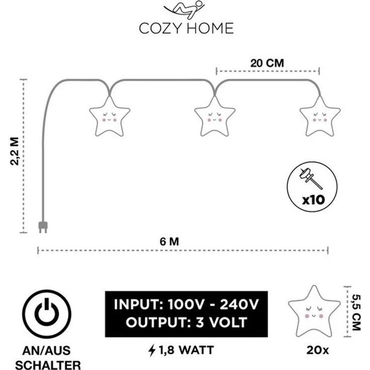 COZY HOME LED-Lichterkette Sternen Batterie und Stecker, 20 LED I 5m I Warmweiße LED-Stern Lichterkette I Kinderbett Bunt Deko – Bild 4