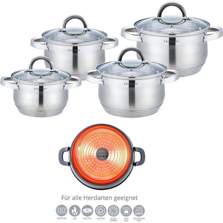 Topf-Set 8tlg Edelstahl Kochgeschirr Induktion Rostfrei Deckel SS8