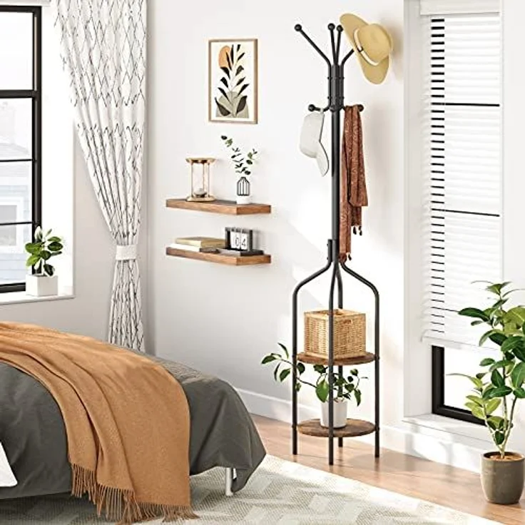 HOOBRO Garderobenständer, Garderobe mit 2 runden Ablagen, Kleiderständer mit 8 Haken, 183 cm Hoch, Industrie-Stil, Stahlgestell, multifunktional, für Kleidung, Schals, Hüte, Taschen EBF81YM01 – Bild 3