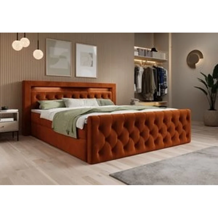 thematys Boxbett LED mit Bettkasten 160x200cm, mit Bonnellfederkernmatratze H3, Bouclé/Velours, mit Stauraum, mit 3 cm Topper, Rost (Velutto 33), Art.-Nr. S04JN0YRKVQ – Bild 7