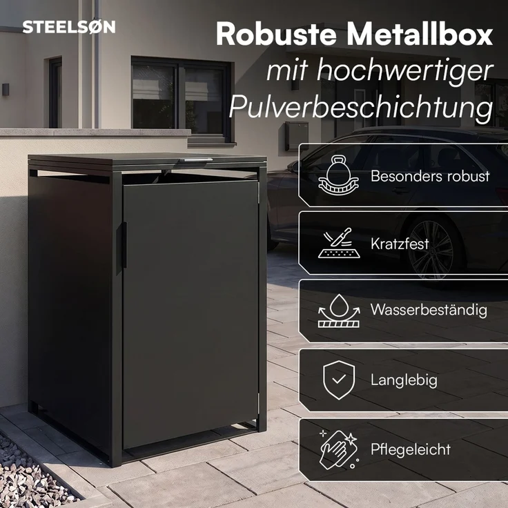 STEELSØN 'Thoria' Mülltonnenbox 1er je 240 Liter, graphitschwarz, Mülltonnenverkleidung aus Stahl, wetterfest, 116x80x69 cm, Müllbox für 1 Tonne – Bild 5