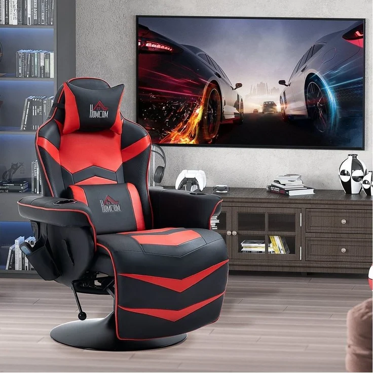 HOMCOM Massagesessel Massagefunktion, inkl. Fußstütze, Liegefunktion (Gaming-Chair, 1-St, Relaxsessel), für Wohhnzimmer, Schwarz+Rot – Bild 5