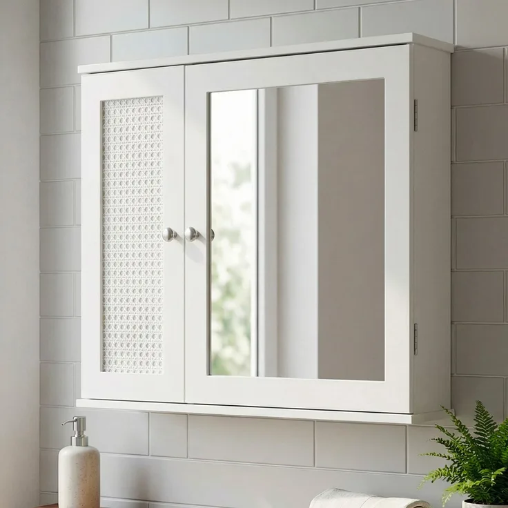 FINEBUY Spiegelschrank FB114104 Hängeschrank Weiß 60cm Badschrank Wandschrank Bad Badezimmer (Natürlicher Look mit dekorativer Tür) Praktischer Stauraum für Deine Wände