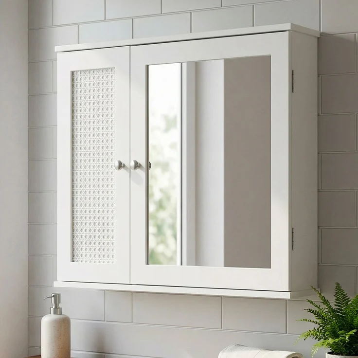 FINEBUY Spiegelschrank FB114104 Hängeschrank Weiß 60cm Badschrank Wandschrank Bad Badezimmer (Natürlicher Look mit dekorativer Tür) Praktischer Stauraum für Deine Wände – Bild 1