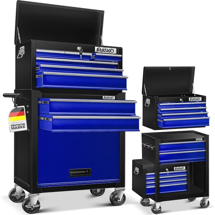 MASKO® Werkstattwagen inkl. Koffer, 9 Fächer, Abschließbar, Massives Metall, Werkzeug-Wagen ohne Werkzeug, Rollwagen zur Werkzeugaufbewahrung, mit Schloss, Blau