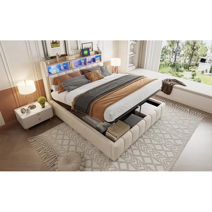 Ball & Cast Polsterbett (180x200 cm) mit USB-Anschluss und Lichtleiste, Hydraulische Lagerfunktion + Weicher Kantenschutz, Einfach & Zeitsparend Montierbar, Leinenstoff Beige – Bild 3