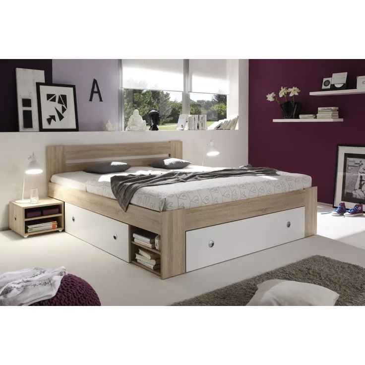 Doppelbett mit 2 Nachtkommoden STEFAN Bett Ehebett Schlafzimmer 180 x 200 cm Eiche Sonoma weiß Bettkasten