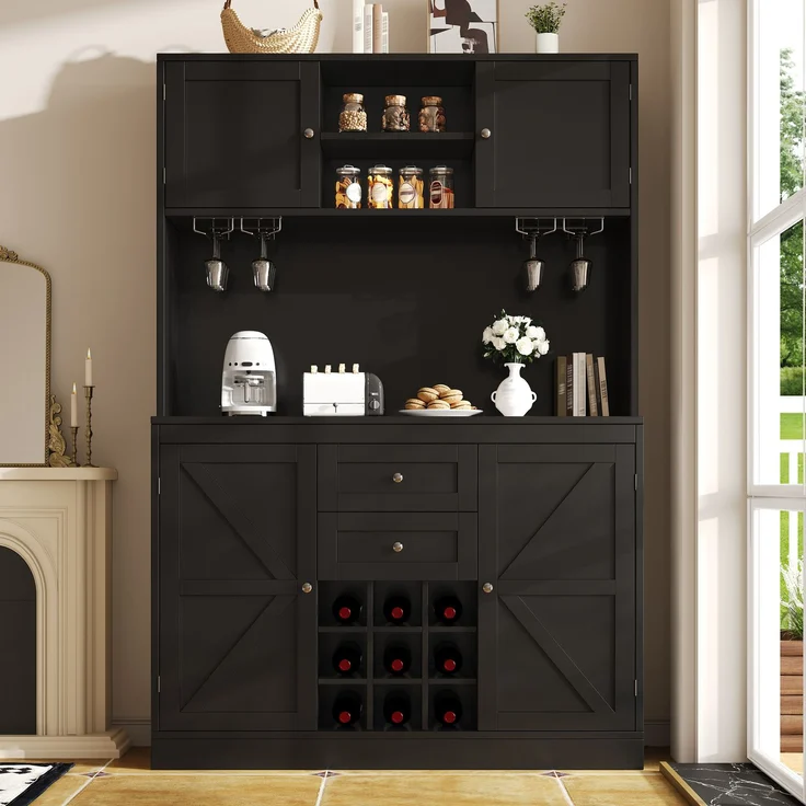 Küchenschrank mit verstellbaren Ablagen & Weinregal, Hochschrank Küchenbuffet mit 4 Türen & 2 Schubladen, Sideboard für Küche & Wohnzimmer, Buffetschrank, Schwarz – Bild 2