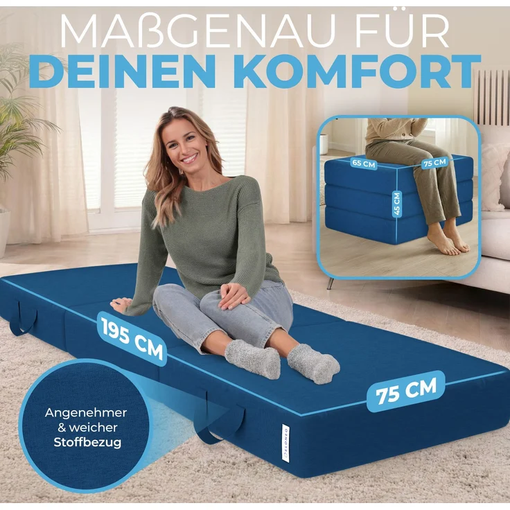 Bestschlaf Klappmatratze, 15 cm hoch, waschbar, geeignet für Hausstauballergiker, Blau, 15 x 195 x 75 cm – Bild 2