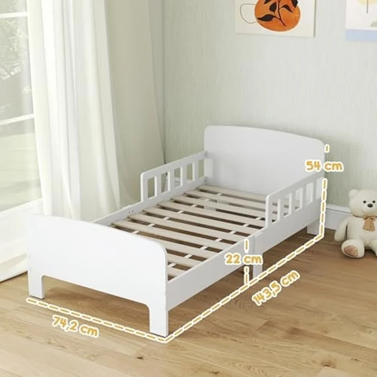 AIYAPLAY Kinderbett mit Rausfallschutz, Lattenrost (Kleinkindbett, 1-tlg, 143,5x74,2 cm Einzelbett), für Mädchen und Jungen 3–8 Jahre, Weiß – Bild 3