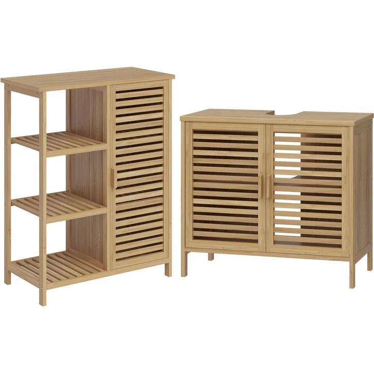 Bellamio 'Newa' Badezimmer Set aus Waschbeckenunterschrank und Badschrank mit 6 Ablagefächern, Bambus, natur – Bild 1