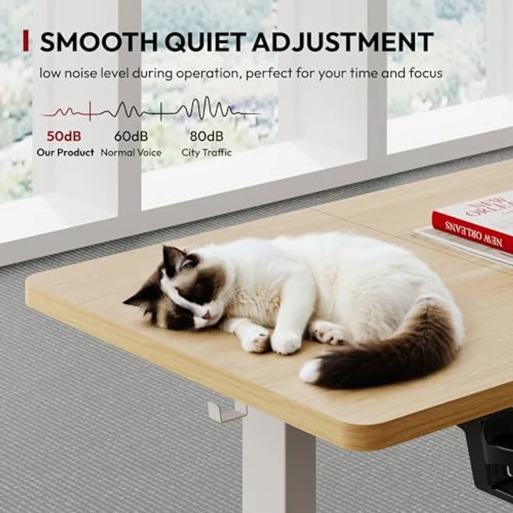 SANODESK Höhenverstellbarer Schreibtisch mit VOLLSTÄNDIGER TISCHPLATTE, 4 Zubehörteilen (Becherhalter, Haken, Aufbewahrungsbox, Kabelmanagement), ergonomisch für Büro und Homeoffice, Ahorn, 110x54 cm – Bild 7