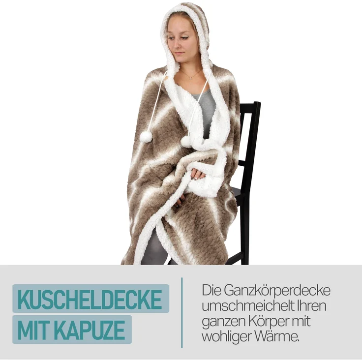 Bestlivings Kuscheldecke mit Kapuze 130 x 180 cm in Braun für Kinder und Erwachsene, TV-Decke, Sherpa Decke in Felloptik – Bild 7