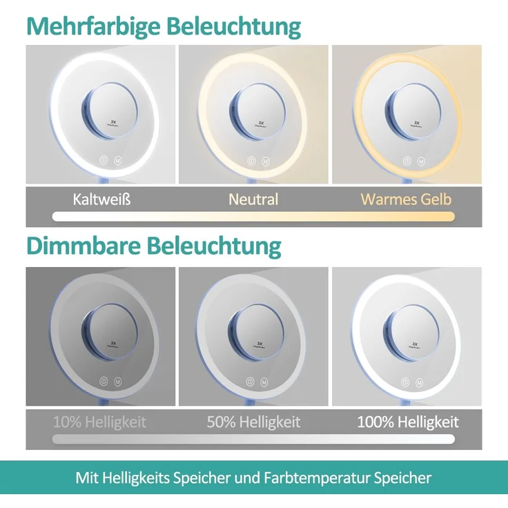 EMKE Kosmetikspiegel mit beleuchtung Wiederaufladbarer Schminkspiegel, LED Kosmetikspiegel mit 3 Lichtfarben, 1/3x Vergrößerung, 90°Schwenkbar, Touchschalter und Memory-Funktion(Hellblau) – Bild 3