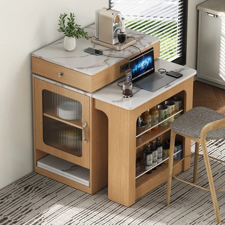 Merax Kücheninsel mit Rollen, Ausziehbarer Esstisch mit abnehmbarer Tischplatte, Bartisch mit Steckdosenleisten, dient als Kücheninsel, Anrichte, Sideboard oder Bartisch für Küche und Esszimmer (Natur) – Bild 3