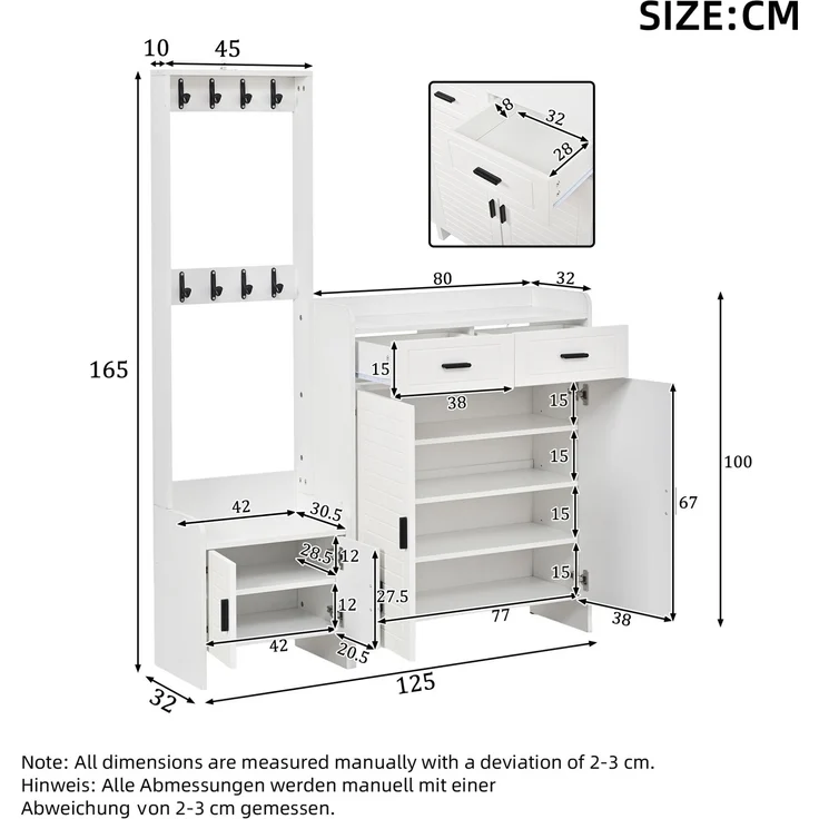 Garderobenschrank, mit 8 Haken, 2 Schubladen & 6 Böden, 125x36x165 cm, Weiß – Bild 3