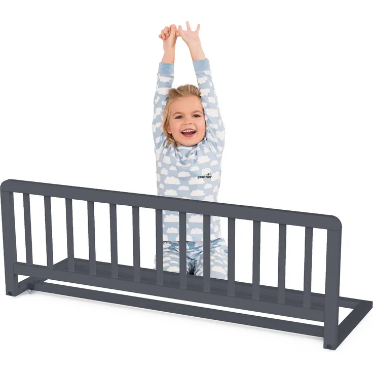 Geuther Bettschutzgitter Holz | Rausfallschutz Bett für Kinder | Bettgitter als Absturzsicherung Bett | Baby Rausfallschutz Elternbett, Rausfallschutz Kinderbett & Baby Bett in 110 cm Länge, Grau