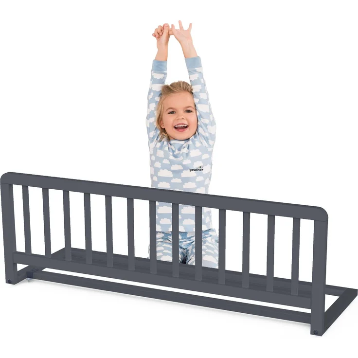 Geuther Bettschutzgitter Holz | Rausfallschutz Bett für Kinder | Bettgitter als Absturzsicherung Bett | Baby Rausfallschutz Elternbett, Rausfallschutz Kinderbett & Baby Bett in 110 cm Länge, Grau
