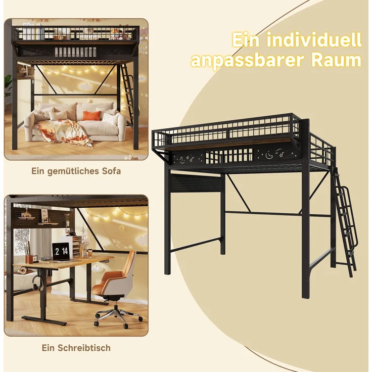 Hochbett, 140 x 200 cm, Metallbettgestell, Staufächer, offene untere Ebene, Ohne Matratze, Schwarz – Bild 7