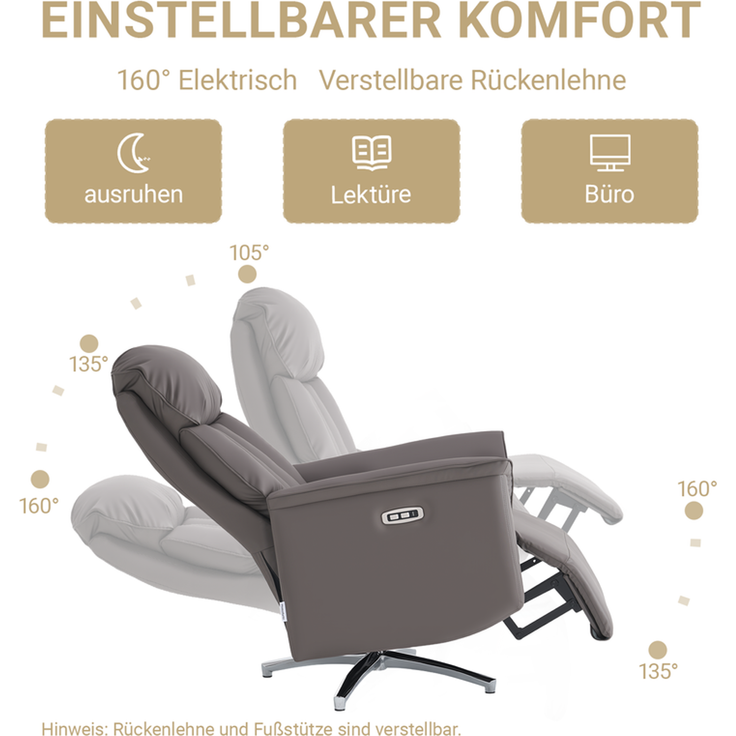 HOME NATURE WOHNKONZEPT Elektrischer Relaxsessel mit USB-Anschluss, elektrisch verstellbarer TV-Sessel mit Liegefunktion, Kunstleder Braun, bis 350 kg, FT9202 – Bild 3