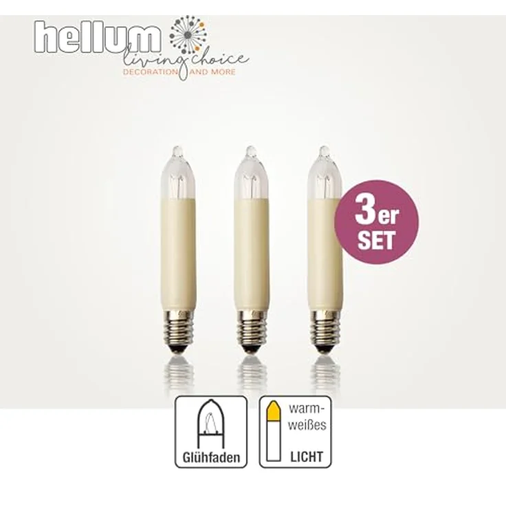 hellum Ersatzkerzen Glühfaden 16V 3W für Lichterketten & Schwibbogen, 3 Stück Kleinschaftkerzen E10 (ø10 mm) passend für 15 Brennstellen, 22 Lumen Ersatzkerzen Lichterkette, für innen & außen 934038 – Bild 2