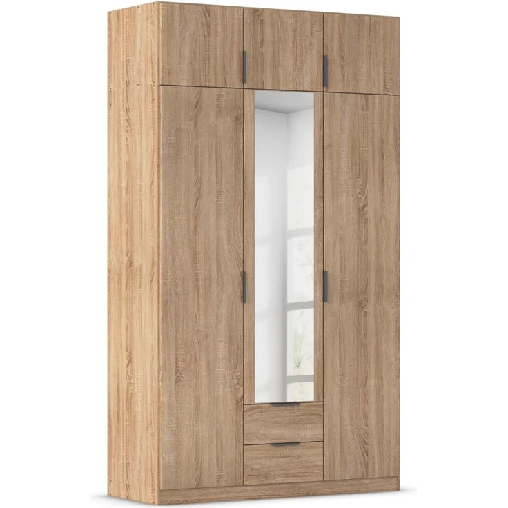 Rauch Möbel Lagoa, Kleiderschrank, Garderobe für Schlafzimmer, Kinderzimmer, Jugendzimmer 6-türig, mit Spiegel, 2 Schubladen, mit Zubehör Classic, Farbe Eiche Sonoma, Holz, Breite 136