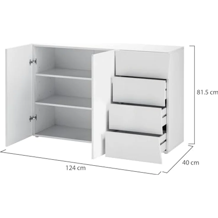 Dmora Modernes Sideboard, Design-Sideboard mit 2 Türen und 4 Schubladen, Made in Italy, TV-Ständer, Wohnzimmerbuffet, 124x40h82 cm, glänzend weiße Farbe – Bild 8