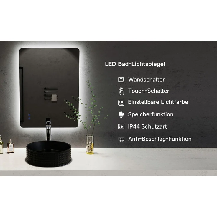 welltime LED-Lichtspiegel Toledo eckig, Spiegel mit LED Beleuchtung, Badspiegel, mit Anti-Fog Beschichtung – Bild 2