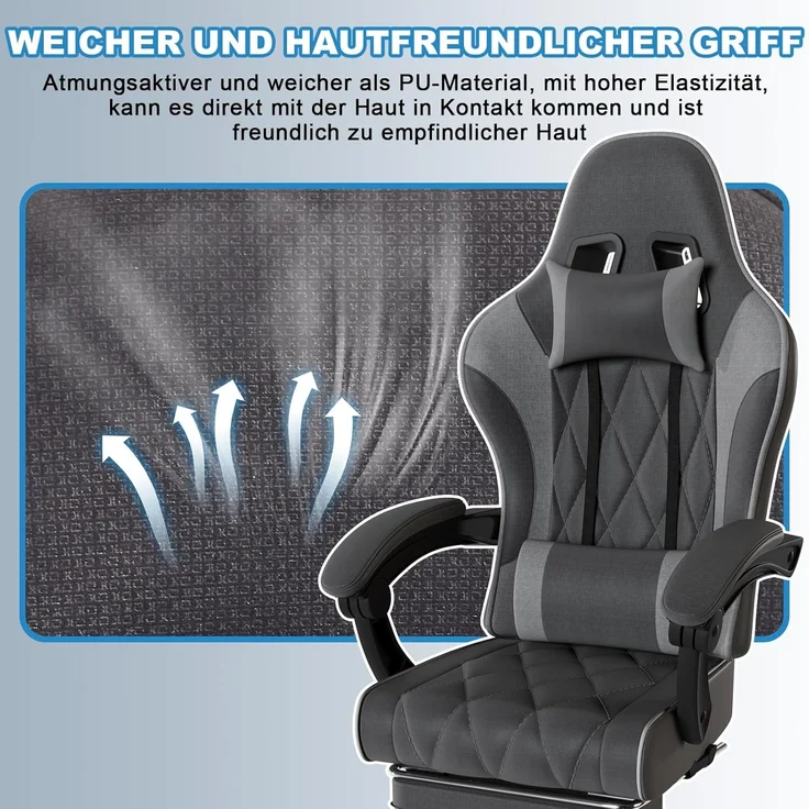JUMMICO Gaming Stuhl Stoff mit Federpolsterung, Ergonomischer Bürostuhl mit Massager. Gaming Chair mit Kopfstütze, Fußstütze, Höhenverstellbar. Gamer Stuhl 150 kg belastbarkeit. Dunkelgrau – Bild 6