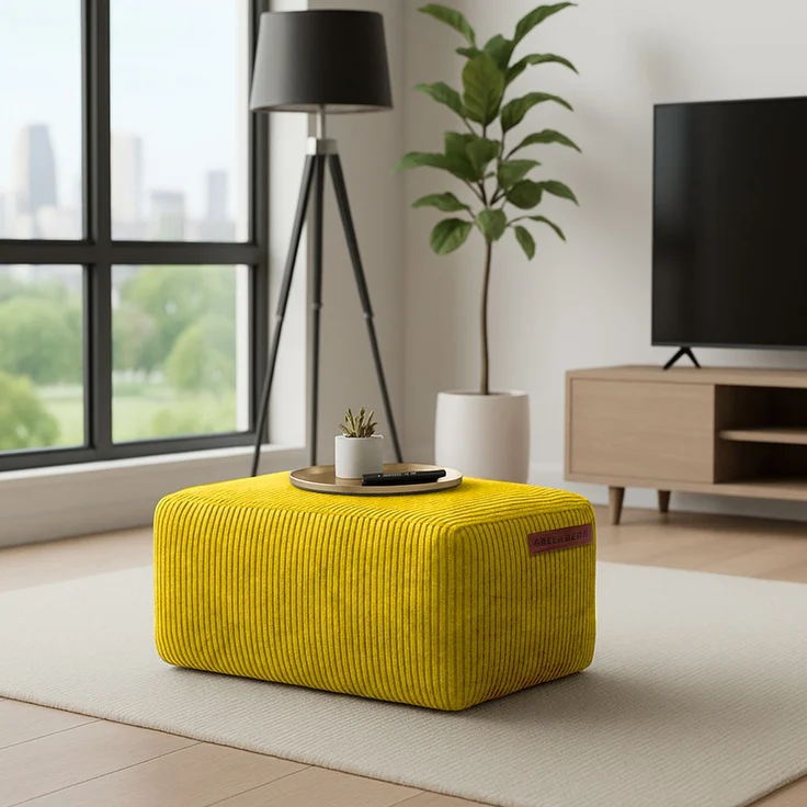 Green Bean® Indoor Sitzhocker Pouf 70x33x28cm EPS-Perlen Füllung & Cordstoff Kuschelig Weich Waschbar - Drinnen Bodenkissen Liegekissen Sitzkissen Sitzhocker Relax-Sessel Kinder Erwachsene Stoff Gelb – Bild 2
