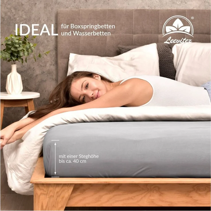 leevitex® Spannbettlaken Premium, verschiedene Größen, Stoffgewicht 195 g/m², 40 cm Steghöhe, Jersey-Elasthan, Gummizug: rundum, (1 Stück), verschiedene Farben, OEKO-TEX® STANDARD 100 zertifiziert – Bild 4