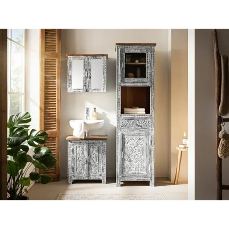 Spiegelschrank Badschrank massivum Santa Cruz grau 52x50x23 Mango Holz Landhaus-Stil Boho Hängeschrank mit Spiegel Badmöbel Stauraum – Bild 2