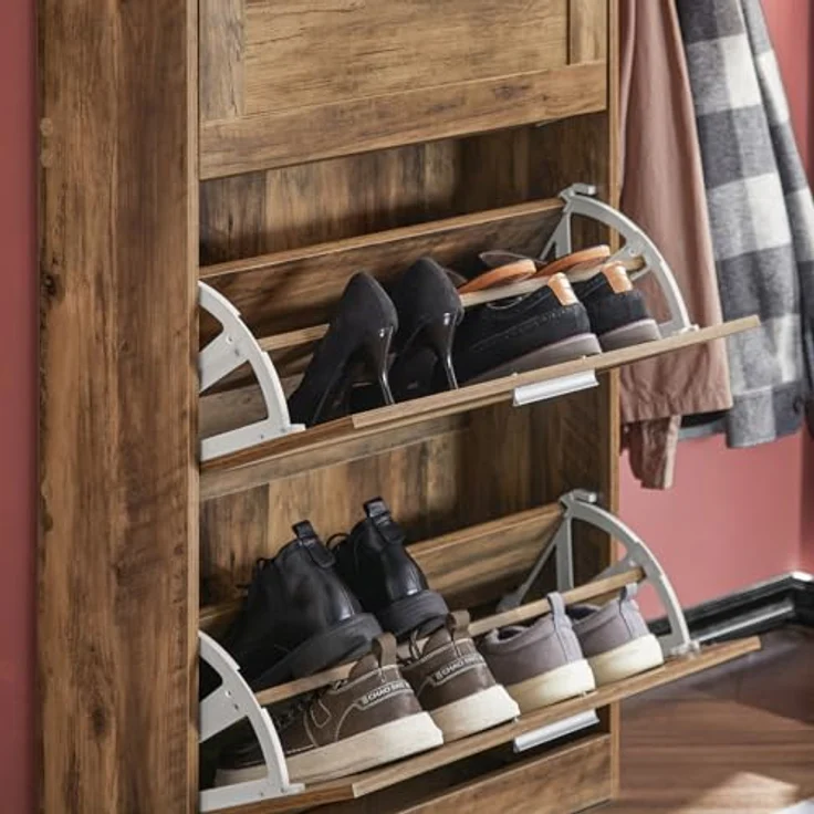 SoBuy Schuhschrank FSR137-BR, Braun, Holzwerkstoff, Schuhkipper mit 3 Klappen, 60x115x23 cm, für Eingangsbereiche – Bild 6