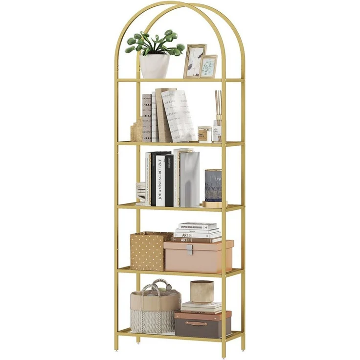 MC Star Bücherregal 5-stufiges, gewölbtes Glasregal für Wohnzimmer, Büro, Schlafzimmer, 60 x 30 x 175 cm, Gold – Bild 2