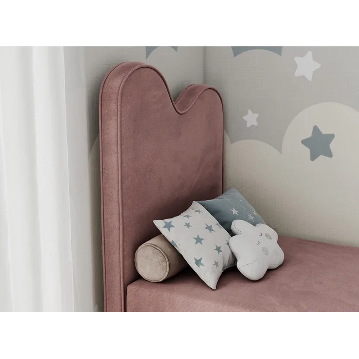 Kinderbett FLOW, Boxspringbett für Kinder, mit hohem Kopfteil, Einzelbett mit Matratze - 90x180 - Dunkelrosa Velvet - Topper Visco