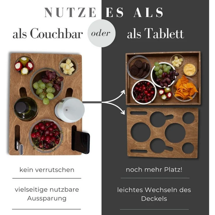 PEGSEN Servierplatte All in One Couchbar Sofatablett mit 4 Snackschalen, Birkenholz, (Set, 5-tlg, abnehmbarer Deckel, mit 4 lebensmittelechten Glasschalen), passend für Kaffeetassen, Weingläser, 0,5L Bierflaschen – Bild 3