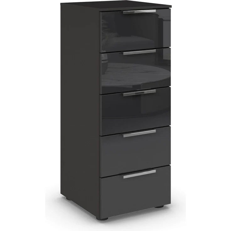 Rauch Möbel Flipp, Kommode für Schlafzimmer, Kinderzimmer, Wohnzimmer, Jugendzimmer, Flur, Garderobe, 5 Schubladen, mit Softclose Funktion, Farbe Front Glas Schwarz, Breite 40 cm