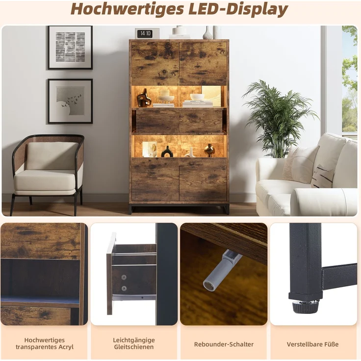 ZUBALIYA Vitrine (80 x 40 x 138 cm), 2 Türen und 2 Schubladen, LED - Beleuchtung, Transparente Elemente, Beige / Naturfarben / Schwarz – Bild 7