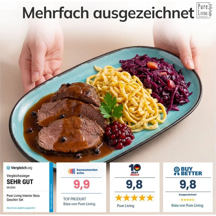 Steingut Servier Teller Groß Ibiza TESTSIEGER, Traumhafte Mediterrane Steingut Servierplatte, Serving Plate Oval, Servierteller Groß - Pure Living in Aquamarin – Bild 3