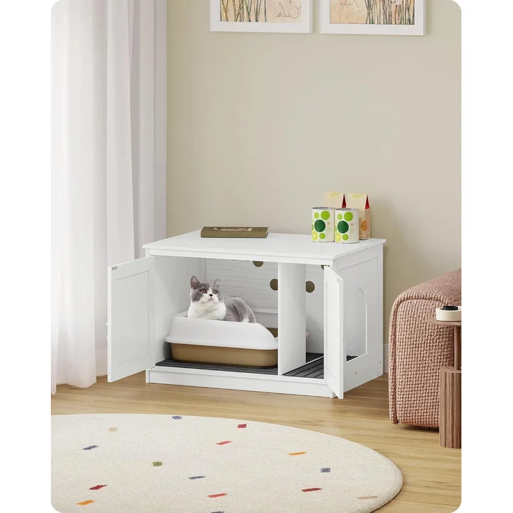 Katzenklo Schrank, Katzenschrank, Katzentoilette mit Herausnehmbarer Trennwand, Katzenhaus, Umkehrbarer Eingang Links oder Rechts, als Sideboard, 80 x 50 x 54 cm, Weiß – Bild 2