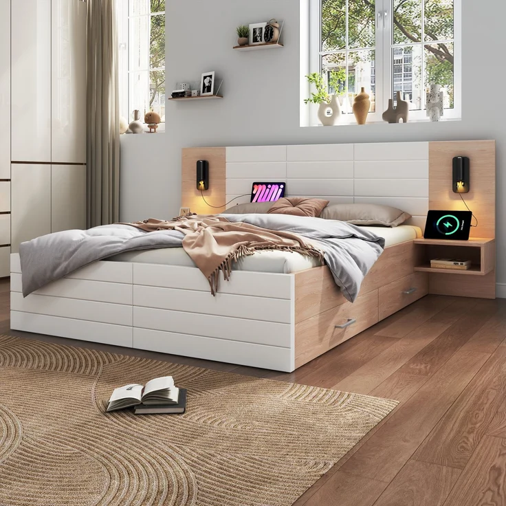 Doppelbett 160x200 cm Weiß Eiche mit Leselampe & USB-Ladeanschluss, Massivholz Bett mit Nachttisch und 2 Schubladen,inklusive Matratze – Bild 6