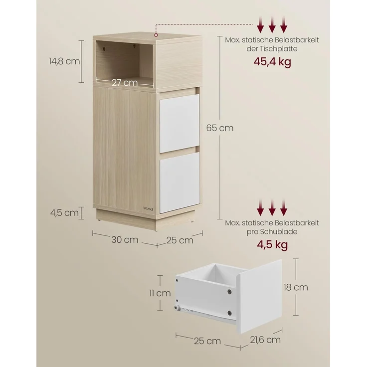 Vasagle 2er Set Nachttisch mit 2 Schubladen, Holz, 65 x 25 x 30 cm, Naturbeige-Wolkenweiß – Bild 3